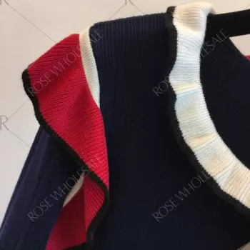 Trendy Scoop Neck Long Sleeve Ruffled Color Blocking Knitted Women Sweater - Cerulean One Size(fit Size Xs To