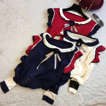 Trendy Scoop Neck Long Sleeve Ruffled Color Blocking Knitted Women Sweater - Cerulean One Size(fit Size Xs To