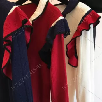 Trendy Scoop Neck Long Sleeve Ruffled Color Blocking Knitted Women Sweater - Cerulean One Size(fit Size Xs To