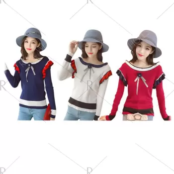 Trendy Scoop Neck Long Sleeve Ruffled Color Blocking Knitted Women Sweater - Cerulean One Size(fit Size Xs To