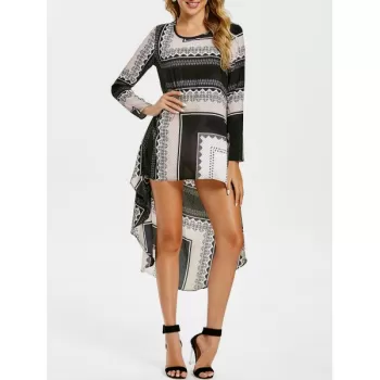 Tribal Print High Low Long Sleeve Dress -