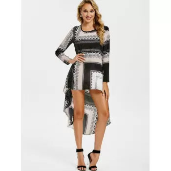 Tribal Print High Low Long Sleeve Dress -