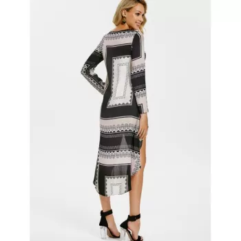 Tribal Print High Low Long Sleeve Dress -