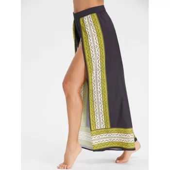 Tribal Print High Slit Wide Leg Pants - Black