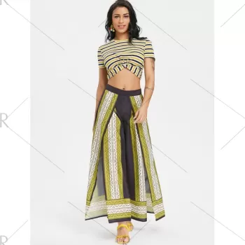 Tribal Print High Slit Wide Leg Pants - Black