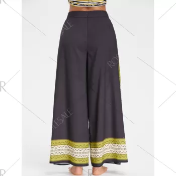 Tribal Print High Slit Wide Leg Pants - Black
