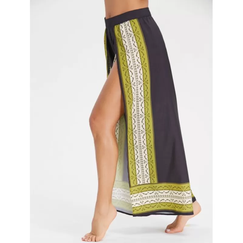 Tribal Print High Slit Wide Leg Pants - Black