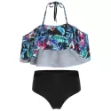Tropical Print Halter Cut Out Bikini Set - Black
