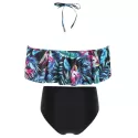Tropical Print Halter Cut Out Bikini Set - Black