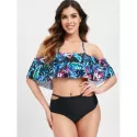 Tropical Print Halter Cut Out Bikini Set - Black