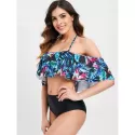 Tropical Print Halter Cut Out Bikini Set - Black