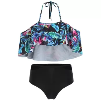 Tropical Print Halter Cut Out Bikini Set - Black