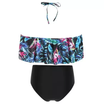 Tropical Print Halter Cut Out Bikini Set - Black