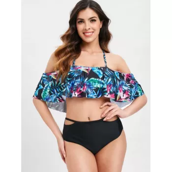 Tropical Print Halter Cut Out Bikini Set - Black