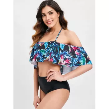 Tropical Print Halter Cut Out Bikini Set - Black