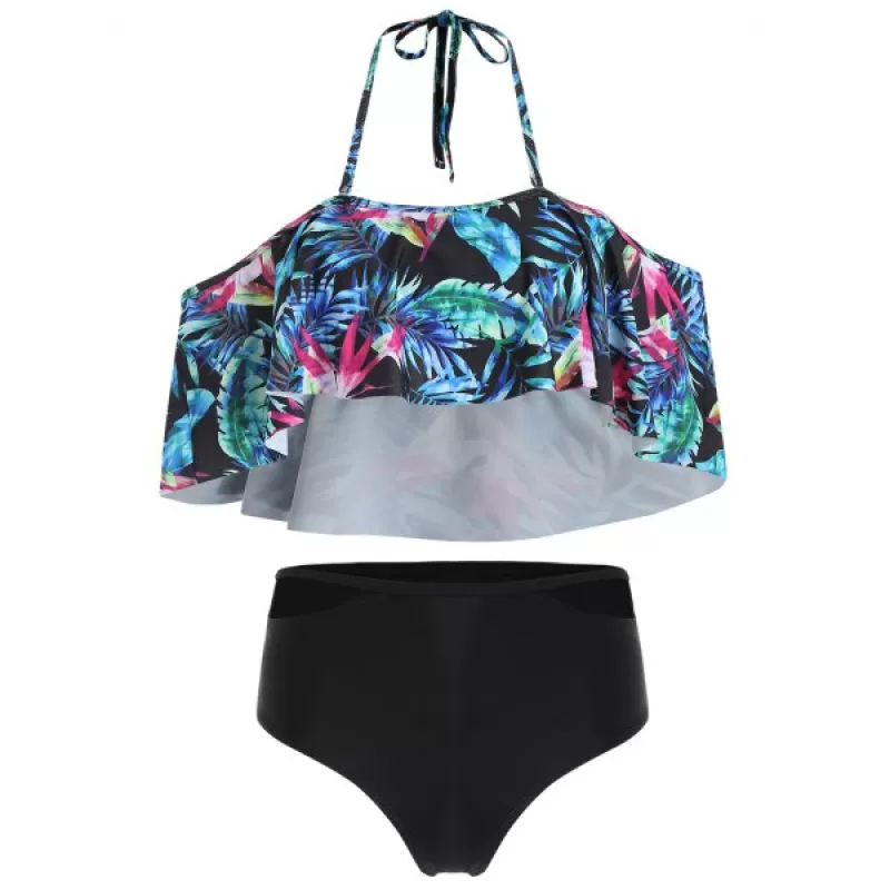 Tropical Print Halter Cut Out Bikini Set - Black