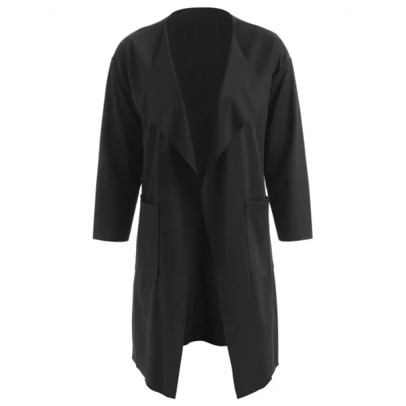 Turn Down Collar Front Pockets Coat - Black