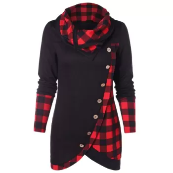 Turtleneck Tartan Asymmetrical Sweatshirt - Black
