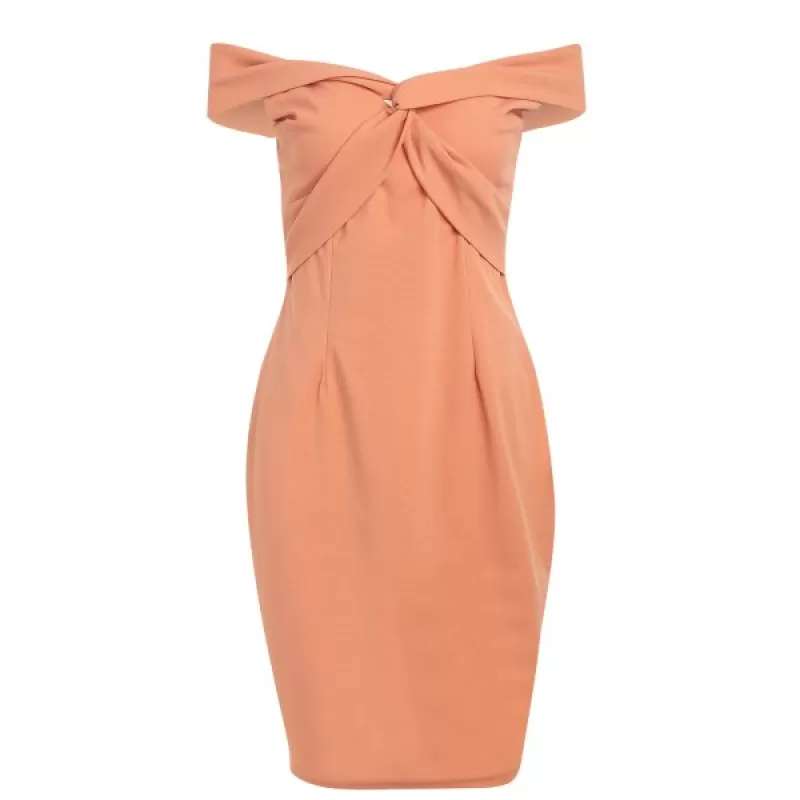 Twist Front Off The Shoulder Dress - Orange