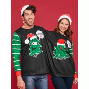 Two Person Christmas Tree Sweatshirt Pajamas - Black