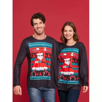 Two Person Long Sleeve Christmas Santa T-shirt - Black