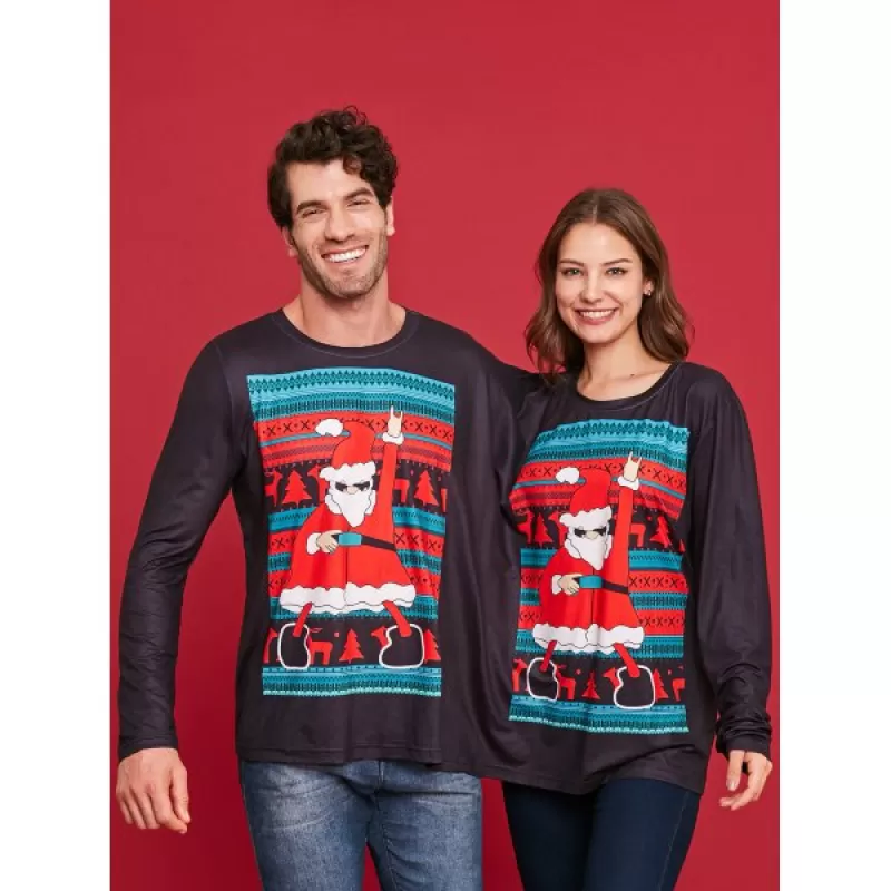 Two Person Long Sleeve Christmas Santa T-shirt - Black