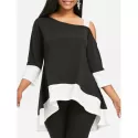 Two Tone Cutout houlder Tunic Tee - Black