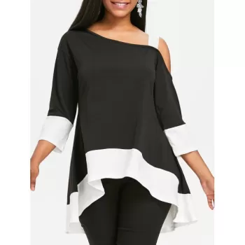 Two Tone Cutout houlder Tunic Tee - Black
