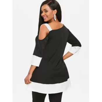 Two Tone Cutout houlder Tunic Tee - Black