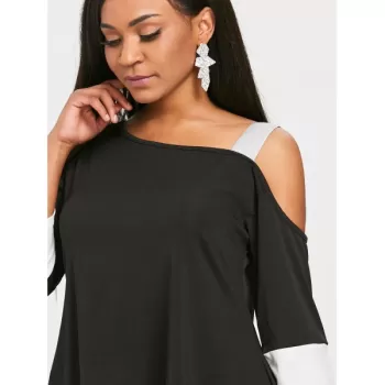 Two Tone Cutout houlder Tunic Tee - Black