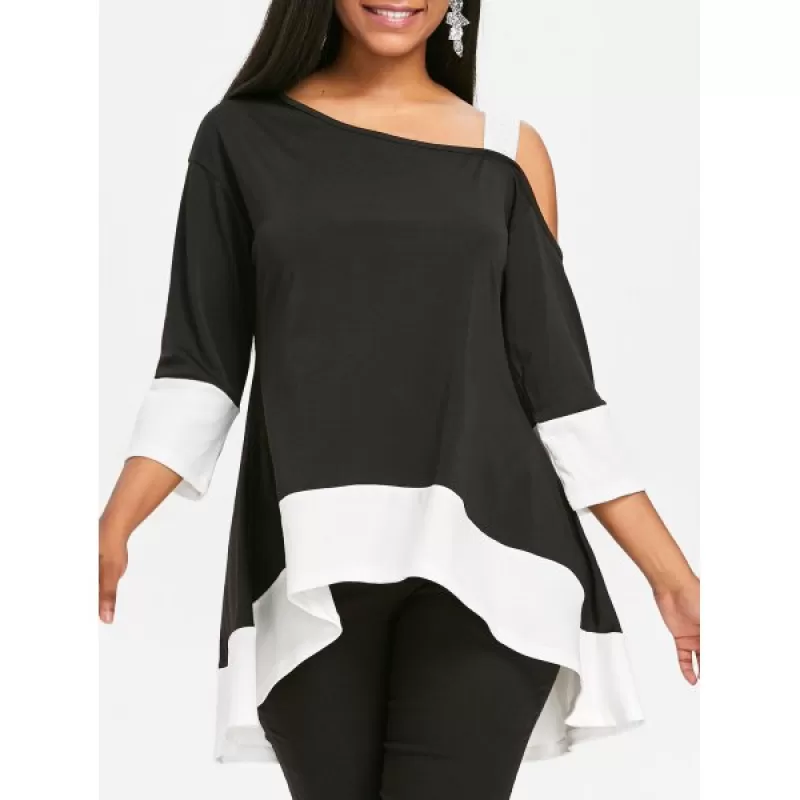 Two Tone Cutout houlder Tunic Tee - Black