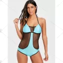 Two Tone Fishnet Panel One Piece wimsuit - Lake Green