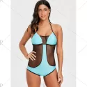 Two Tone Fishnet Panel One Piece wimsuit - Lake Green