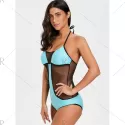Two Tone Fishnet Panel One Piece wimsuit - Lake Green