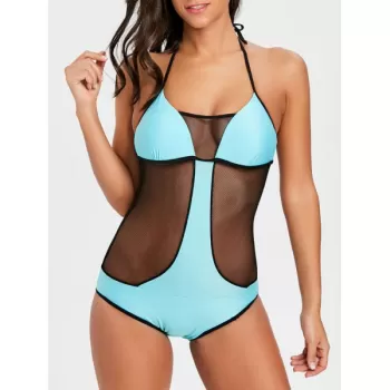 Two Tone Fishnet Panel One Piece wimsuit - Lake Green