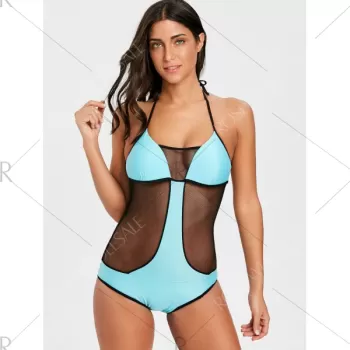 Two Tone Fishnet Panel One Piece wimsuit - Lake Green