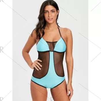 Two Tone Fishnet Panel One Piece wimsuit - Lake Green
