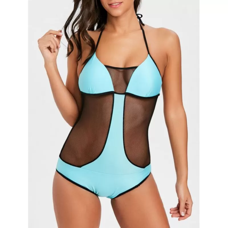 Two Tone Fishnet Panel One Piece wimsuit - Lake Green