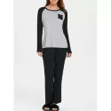 Two Tone Long Sleeves Pocket Sleepwear Set - Light Gray
