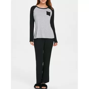 Two Tone Long Sleeves Pocket Sleepwear Set - Light Gray