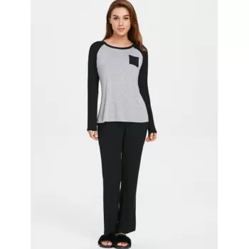 Two Tone Long Sleeves Pocket Sleepwear Set - Light Gray