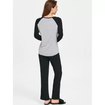 Two Tone Long Sleeves Pocket Sleepwear Set - Light Gray