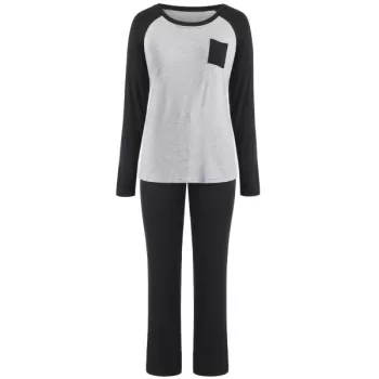 Two Tone Long Sleeves Pocket Sleepwear Set - Light Gray