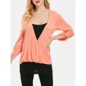 Two Tones Faux Two Piece Surplice Top - Orange Pink