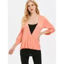 Two Tones Faux Two Piece Surplice Top - Orange Pink