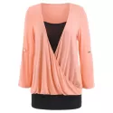 Two Tones Faux Two Piece Surplice Top - Orange Pink