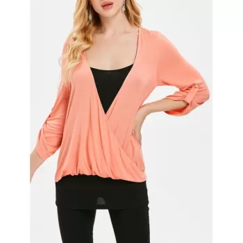 Two Tones Faux Two Piece Surplice Top - Orange Pink