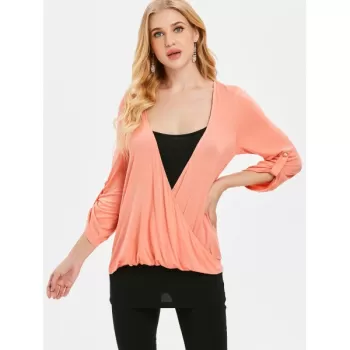 Two Tones Faux Two Piece Surplice Top - Orange Pink