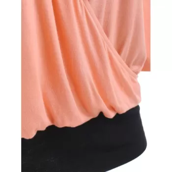 Two Tones Faux Two Piece Surplice Top - Orange Pink