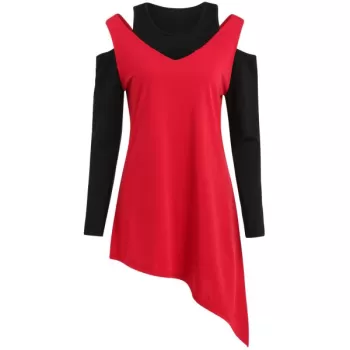 Two Tones Long leeve Cutout T-shirt - Red